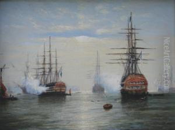 The Morning Gun; Frigates In Coastal Waters Oil Painting by Francis Maltino