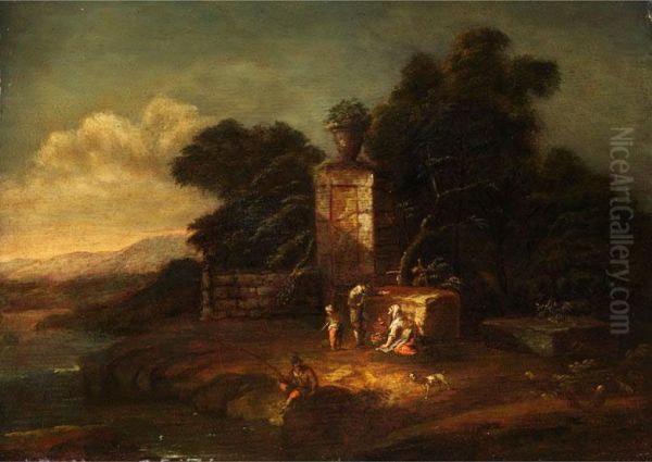 Abendliche Landschaft Mit Figurenstaffage Vor Antikem Steinmonument Mit Steinvase Oil Painting by Pieter De Molijn