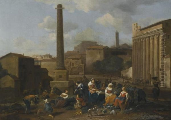 Figures Resting In A Capriccio View Of The Roman Forum Oil Painting by Hendrick Mommers