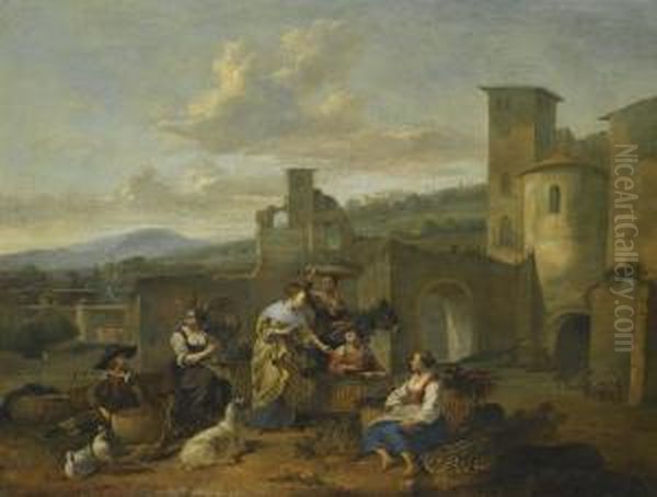 An Italianate Landscape With Vegetable Sellers Oil Painting by Hendrick Mommers