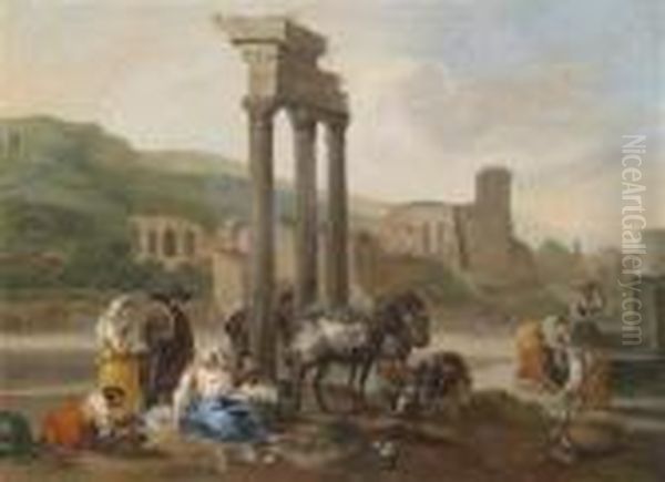 Market Women In Front Of Roman Ruins Oil Painting by Hendrick Mommers