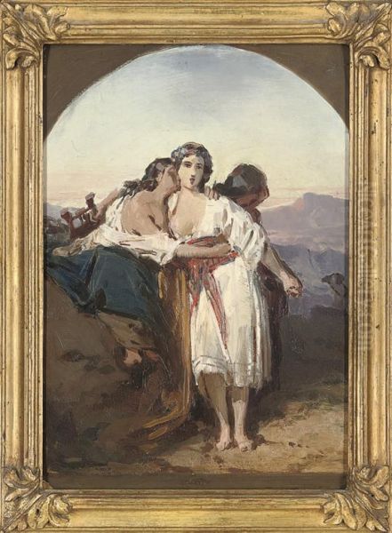 Classic Figures With A Lyre In A Landscape Oil Painting by Domenico Monacelli