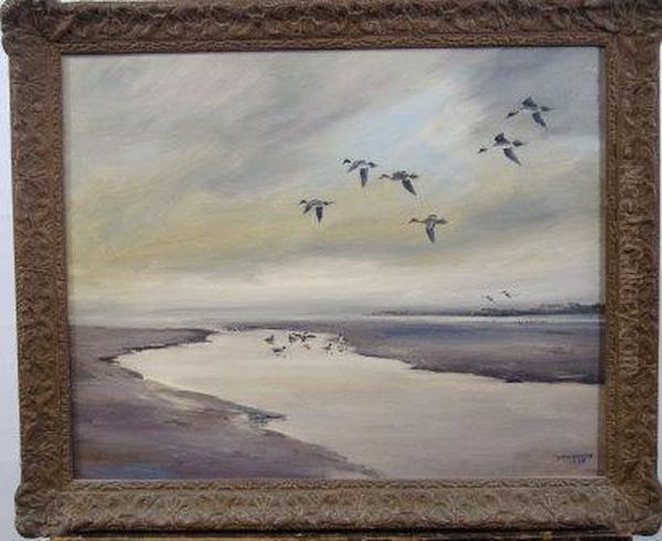 Pintails On A Dull Day Blackwater Essex Oil Painting by Hugh Monahan