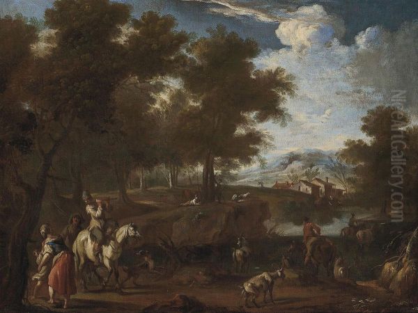 A Wooded River Landscape With Drovers And A Minstrel On A Track Oil Painting by Paolo Monaldi