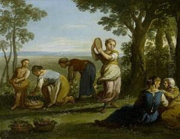 Maidens Picking Flowers In A Woodland Landscape Oil Painting by Paolo Monaldi