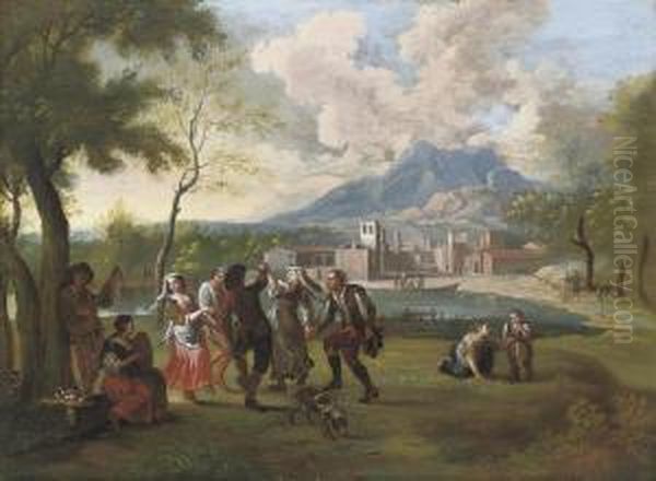 Peasants Music Making And Dancing Beside A Lake, A City Beyond Oil Painting by Paolo Monaldi