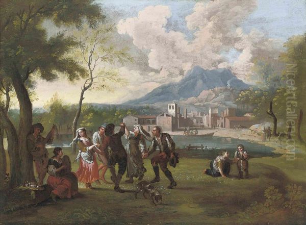 Peasants Music Making And Dancing Beside A Lake, A Citybeyond Oil Painting by Paolo Monaldi