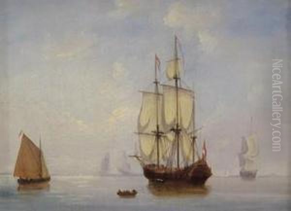 A Dutch Frigate At Anchor With Other Vessels Oil Painting by Peter Monamy