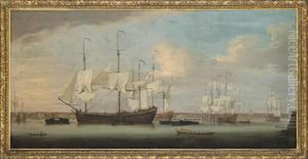 Merchantmen At Work, And Others Laid Up, In The Thames Oil Painting by Peter Monamy