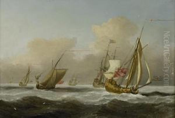 An Admiralty Yacht Bearing Away From Ships Of The Fleet In A Heavy Swell Oil Painting by Peter Monamy