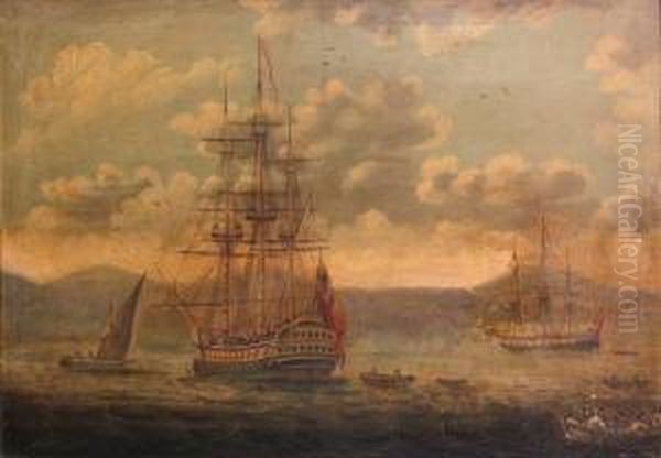 Warships In A Harbor, Thought To Be 'alliance'and 'moselle' Lying At Anchor Before Acre Oil Painting by Peter Monamy