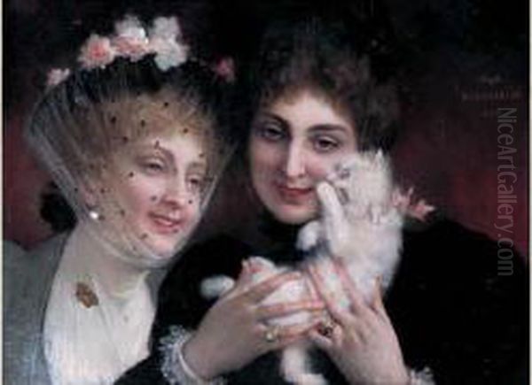 Jeunes Femmes Au Chaton Oil Painting by Alphonse Xavier Monchablon