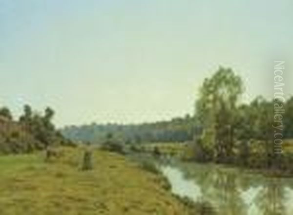 A Woman And Cow In A River Landscape Oil Painting by Jean Ferdinand Monchablon