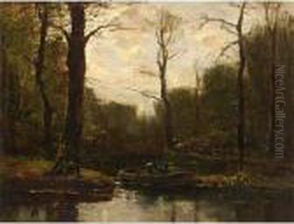 A Forest Pond With A Figure In Boat Oil Painting by Frits Mondriaan