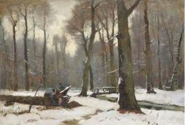 Winter In Haagsche Bosch: Woodcutters At Work Oil Painting by Frits Mondriaan