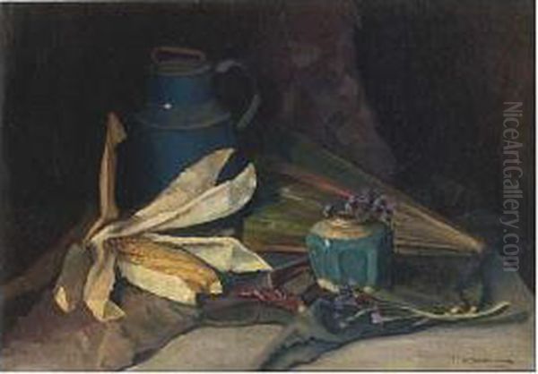 Still Life With A Fan And Ginger Jar Oil Painting by Frits Mondriaan