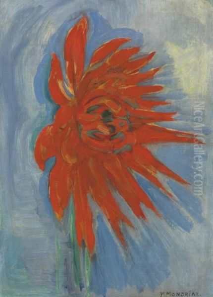 Red Chrysanthemum On Blue Background Oil Painting by Piet Mondrian