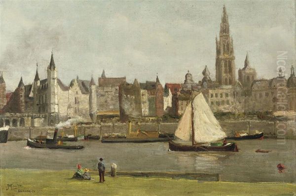 On The Waterfrond, Antwerpen Oil Painting by Jan Abraham Mondt