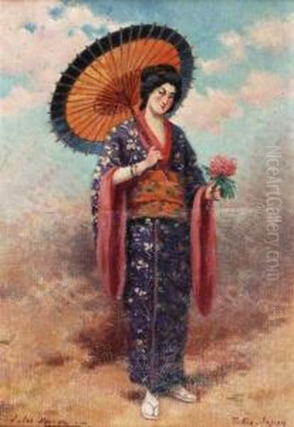 Femme Japonaise A L'ombrelle Oil Painting by Jules Monge