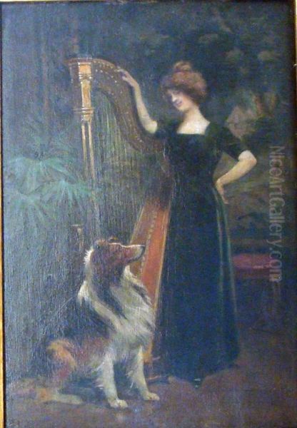 Femme A La Harpe Et Au Chien Oil Painting by Jules Monge