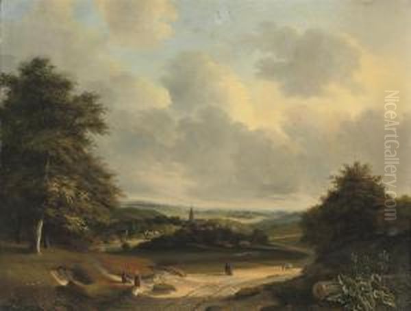 An Extensive Summerlandscape With A View Of A Small Village Oil Painting by Cornelis Marinus W. Mongers