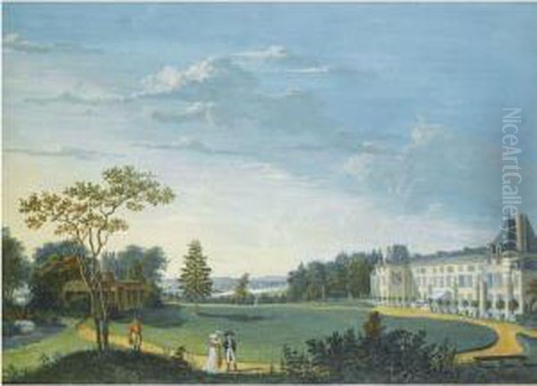 View Of The Gardens And Facade Of The Chateau De Malmaison, Nearparis, With Napoleon And Josephine Strolling In Theforeground Oil Painting by Antoine Pierre Mongin