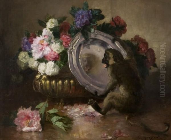 Singe Jouant Avec Un Plat D'argent Pres D'une Vasque De Fleurs Oil Painting by Charles Monginot