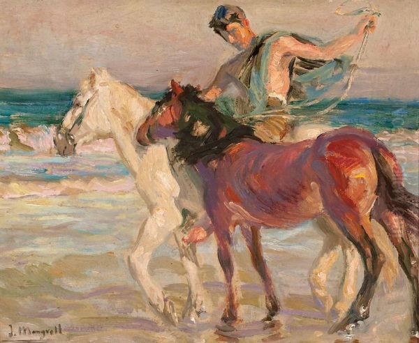 Caballos En La Playa Oil Painting by Jose Mongrell Torrent