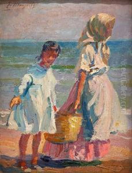 Jovenes En La Playa Oil Painting by Jose Mongrell Torrent