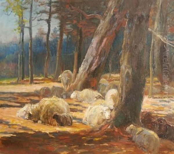 American, 1858- Sheep At Restat The Edge Of A Wood Oil Painting by John Austin Sands Monks