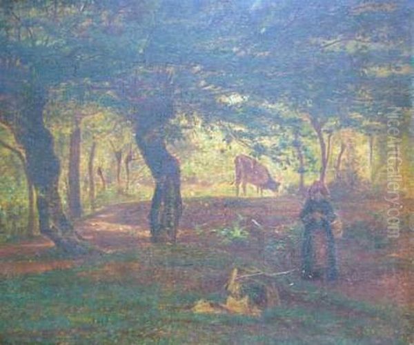 Paysanne Et Sa Vache En Sous-bois Oil Painting by Charles Monnier