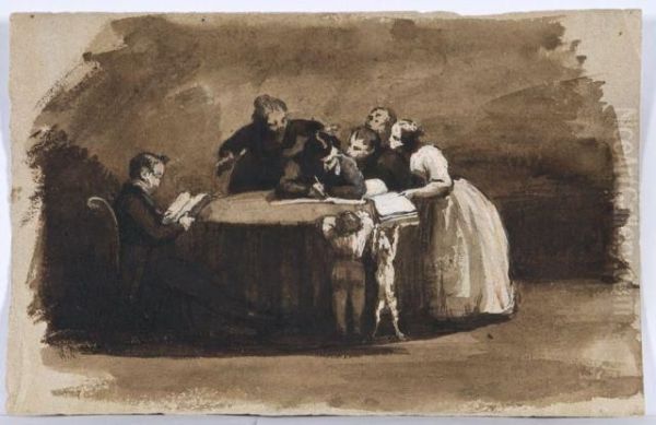 L'ecrivain A Sa Table De Travail Entoure De Sa Famille Oil Painting by Henri Bonaventure Monnier