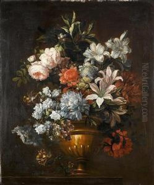 Roses, Honeysuckle, Lilies And Other Flowers In A Classical Urn On A Table Top Oil Painting by Antoine Monnoyer