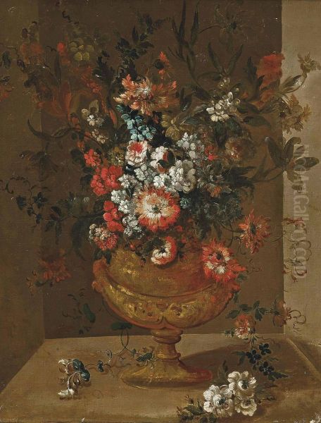 Roses, Carnations, Chrysanthemums And Other Flowers In A Sculptured Urn In A Niche Oil Painting by Jean-Baptiste Monnoyer