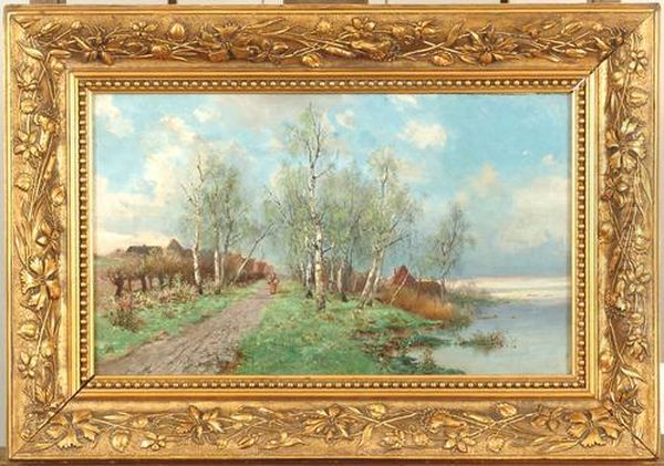 Deichlandschaft Mit Birkenallee. Oil Painting by A.S. Monogramme: