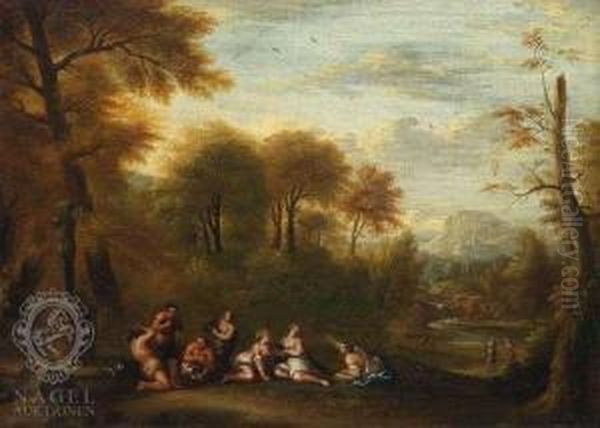 Satyrs And Nymphs In A Wooded Glade Oil Painting by Monogramme: M.B.