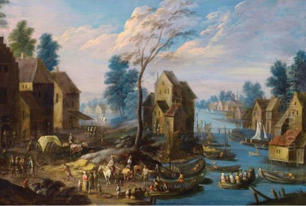 Cavaliers Et Embarcations Dans Un Village Pres D'une Riviere Oil Painting by Monogramme: M.B.