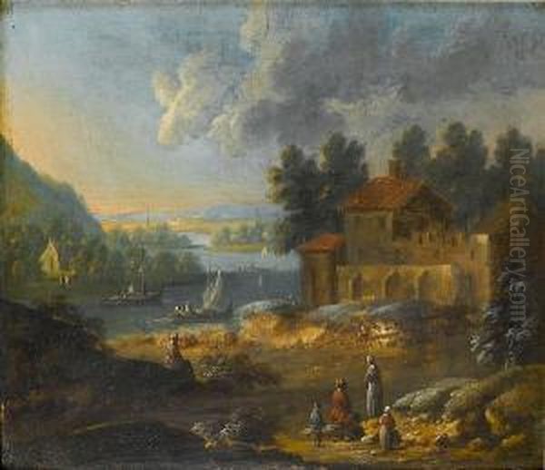 A River Landscape With Figures At The Entrance To A Walled Village; And A River Landscape With Figures Resting Beside A Country Path Oil Painting by Monogramme: M.B.