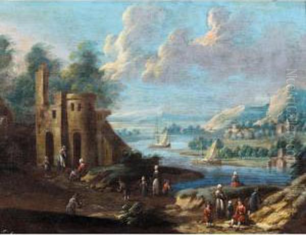 River Landscape With Figures Resting In The Foreground Oil Painting by Monogramme: M.B.