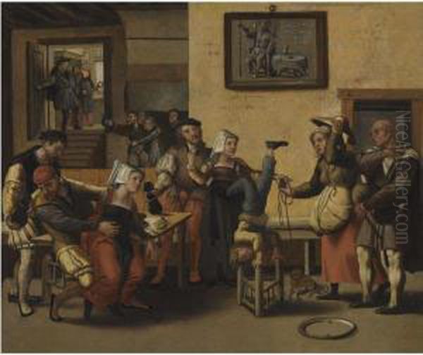 An Interior With An Acrobat, Figures Drinking And Making Musictogether With Children Playing Oil Painting by The Brunswick Monogrammist