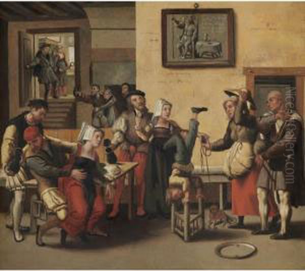 An Interior With An Acrobat, Figures Drinking And Making Music Together With Children Playing Oil Painting by The Brunswick Monogrammist