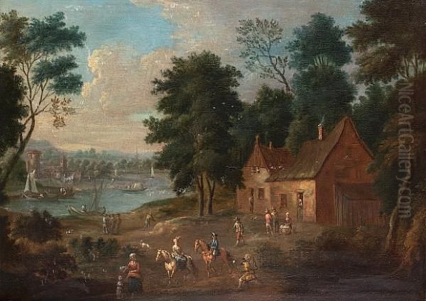 Riders Outside A Country Cottage, A River Landscape Beyond; And Elegant Figures On The Shore Of A Lake, A Mountain Landscape Beyond Oil Painting by The Brunswick Monogrammist