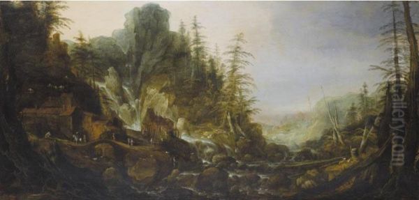 A Mountainous River Landscape With A Waterfall And A Small Village Oil Painting by Ivds Monogrammist