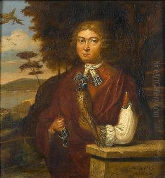 Portrait Of A Youth, Half-length, In A Landscape Holding A Falcon And A Dead Starling Oil Painting by Monogrammist: A. D. K