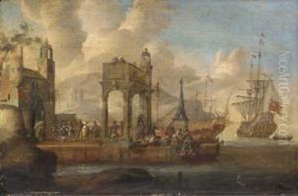 A Mediterranean Harbour With Merchants On A Quayside Oil Painting by P.V.M Monogrammista