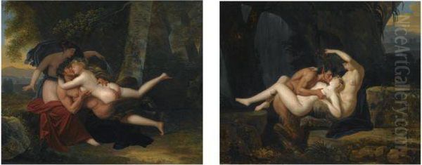 A Pair Of Landscapes With Nymphs And Satyrs Cavorting Oil Painting by Nicolas Andre Monsiau