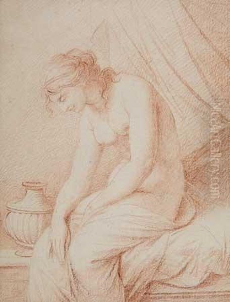 Seated Female Classical Nude Oil Painting by Johannes Maria Monsorno