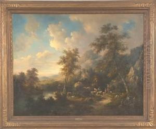 Allegorical Landscape With Figuresand Animals In Valley By Stream Oil Painting by Johannes Maria Monsorno