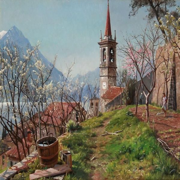 Spring In Varenna In Italy With A Woman Watering A Flower Bed Oil Painting by Peder Mork Monsted