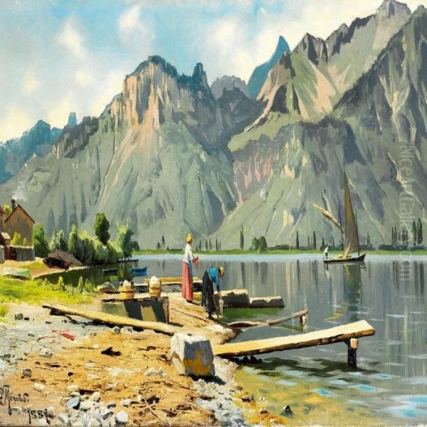 Washerwomen On The Shore Of Lake Geneva Oil Painting by Peder Mork Monsted